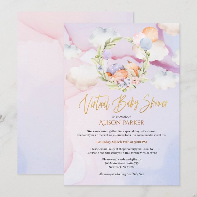 Invitation Fairytale Fox Pink Sky Dream | Baby shower virtuel (Devant / Derrière)