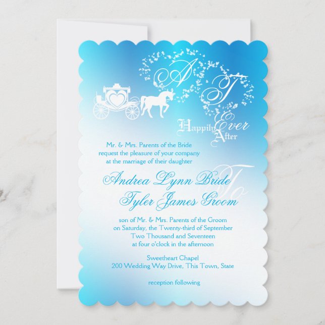 Invitation Fairytale Mariage Carriage Peacock bleu (Devant)