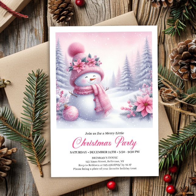 Invitation Fairytale Pink Snowman Editable Christmas Kids  (Fairytale Pink Snowman Editable Christmas Kids Party Invite)