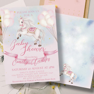 Invitation Fairytale Pony Stars Baby shower de ballons roses