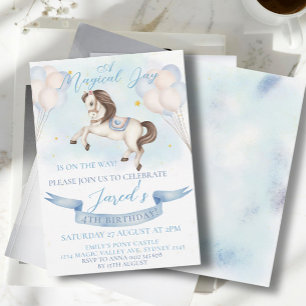 Invitation Fairytale Pony Stars Bleus Ballons Anniversaire
