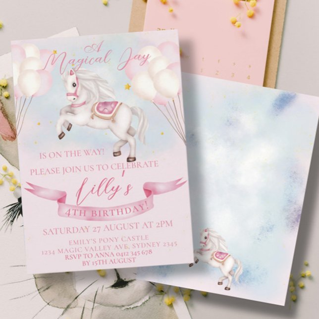 Invitation Fairytale Pony Stars Pink Balons Anniversaire (Créateur téléchargé)