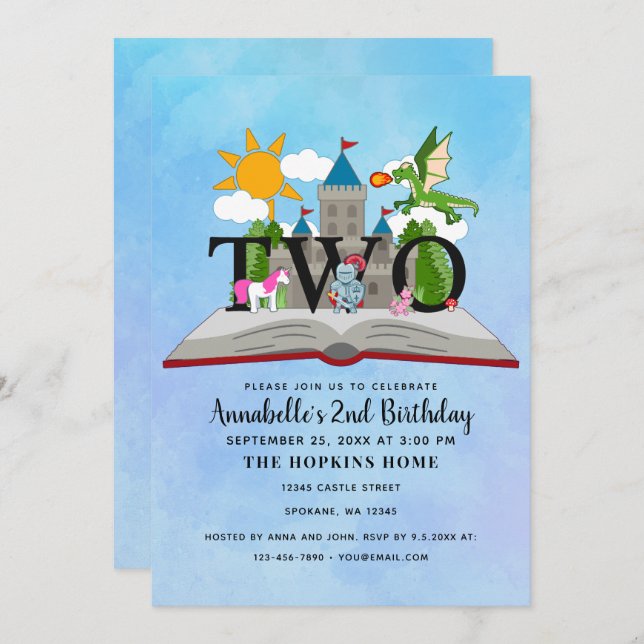 Invitation Fairytale Pop Up Book Kids Second Birday (Devant / Derrière)