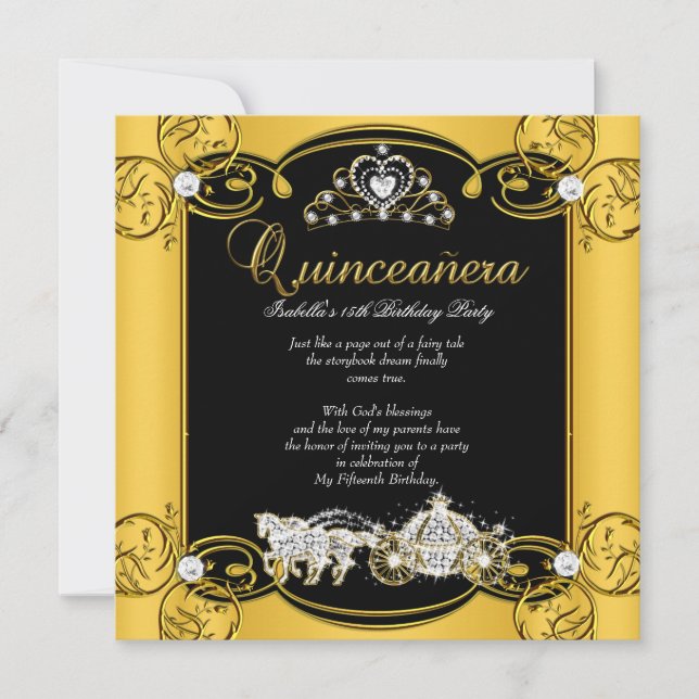Invitation Fairytale Quinceanera 15e anniversaire Jaune Noir (Devant)