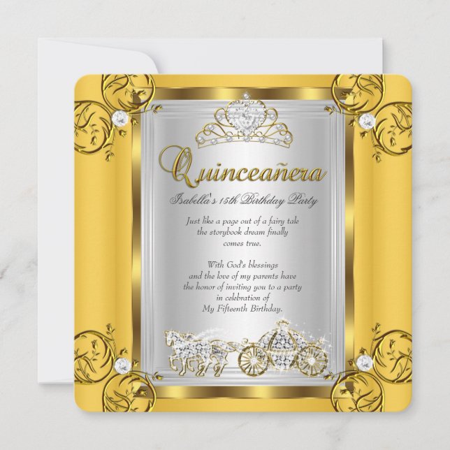 Invitation Fairytale Quinceanera 15e anniversaire Jaune Or (Devant)