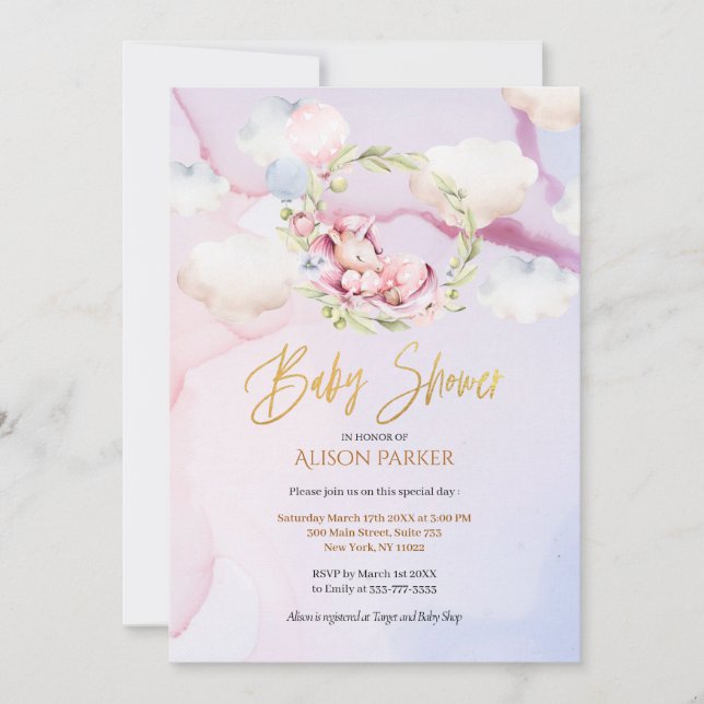 Invitation Fairytale Rose Unicorn Dream Cloud | BABY SHOWER (Devant)