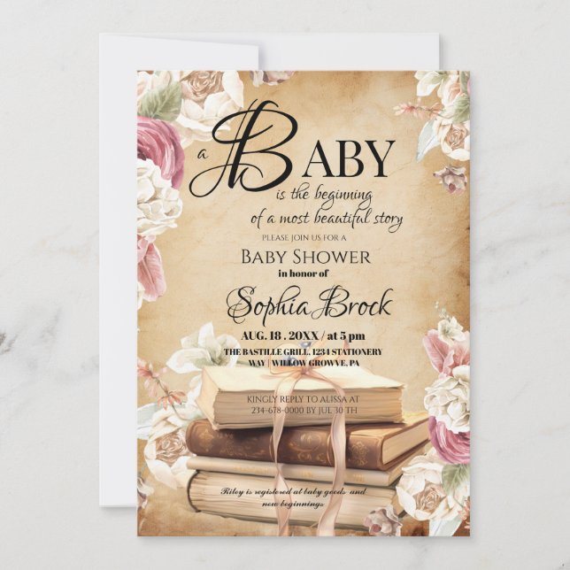 Invitation Fairytale Story Book Flower Baby Shower  (Devant)