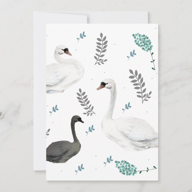 Invitation Fairytale Swan Illustration Folk Botanical (Devant)