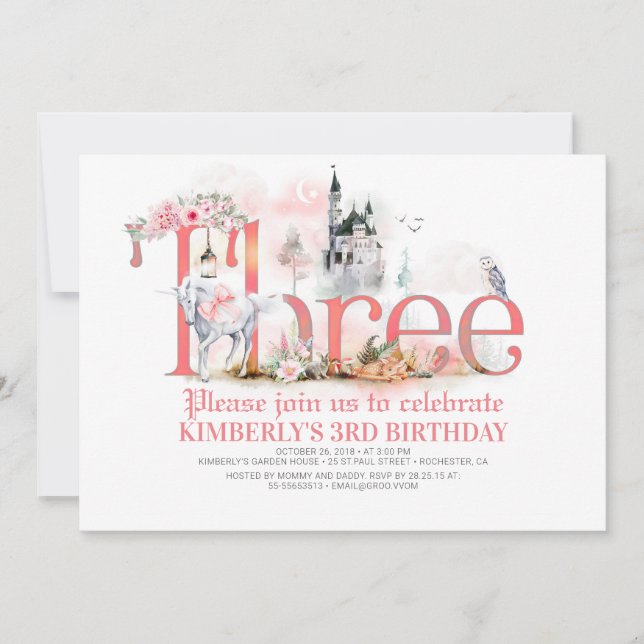 Invitation Fairytale Unicorn Princess Castle 3e anniversaire (Devant)