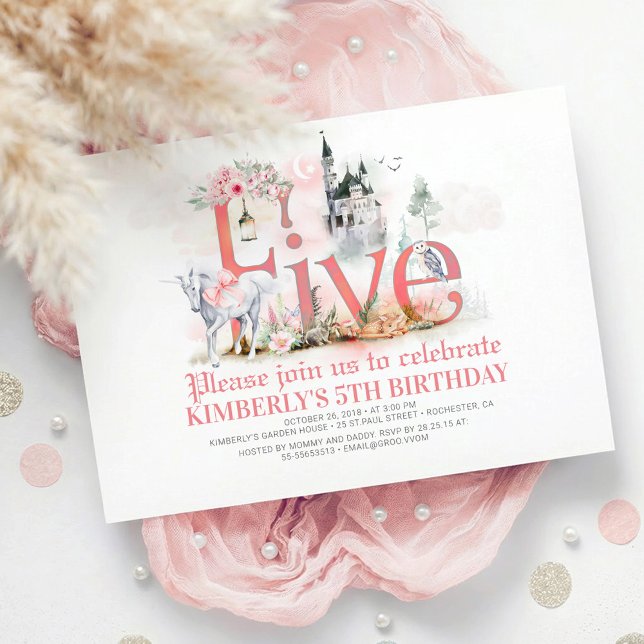 Invitation Fairytale Unicorn Princess Castle 5e anniversaire (5th Birthday Invitation with Fairytale Creatures Enchanted Castle and dragon with unicorn)