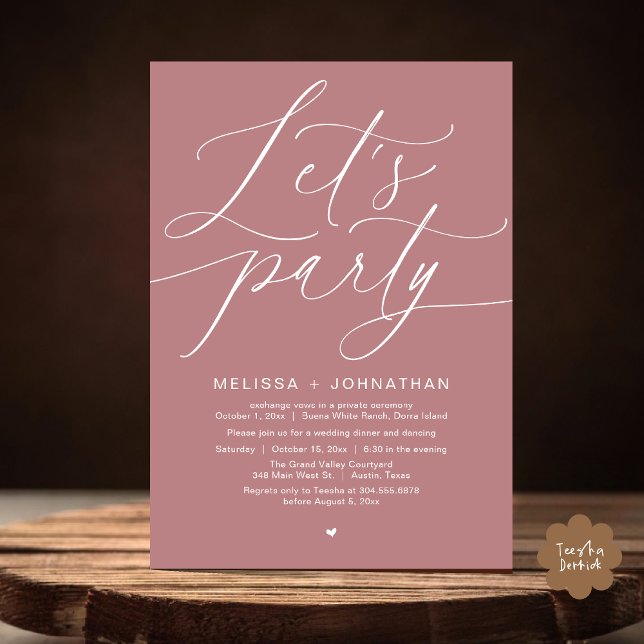 Invitation Faisons la fête avec joie après le dîner Mariage (Let's Party Happily Ever After Romantic Modern Wedding Dinner Invitation Card PDF Dusty Rose Pink)
