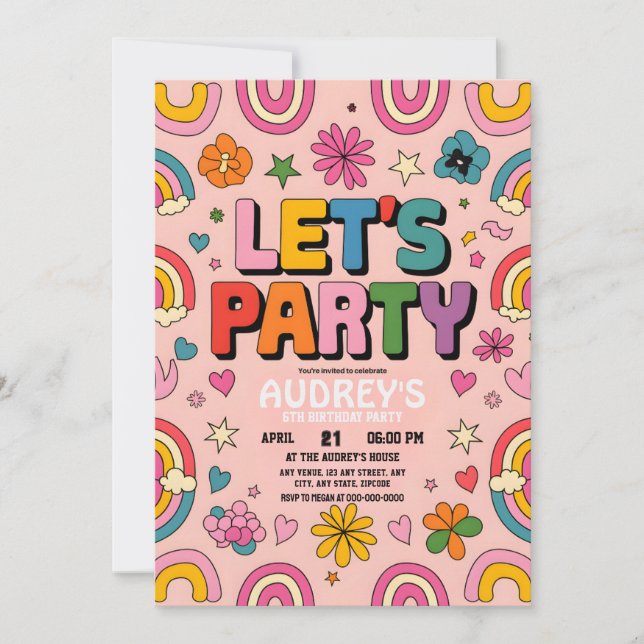 Invitation Faisons la fête Boho Rainbow Pink Retro (Devant)