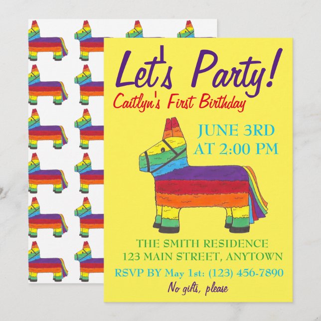 Invitation Faisons la fête de l'âne arc-en-ciel fête d'annive (Devant / Derrière)