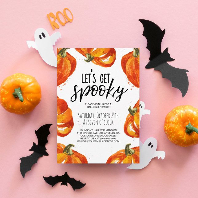 Invitation Faisons la fête d'Halloween Citrouille Éffrayante (Let's get spooky typography watercolor orange pumpkin border party invitation.)