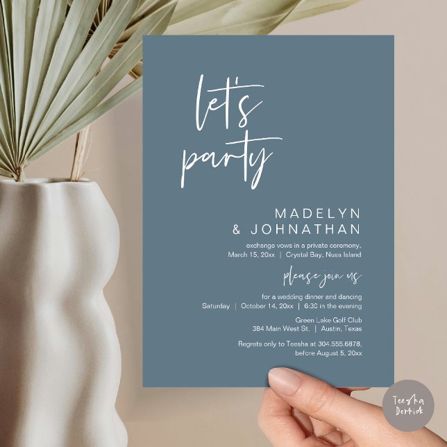 Invitation Faisons la fête, dîner d'Elopement Mariage et dans (Let's Party, Modern Wedding Elopement Dinner and Dancing Invitation Card, PDF, in Dusty Blue)