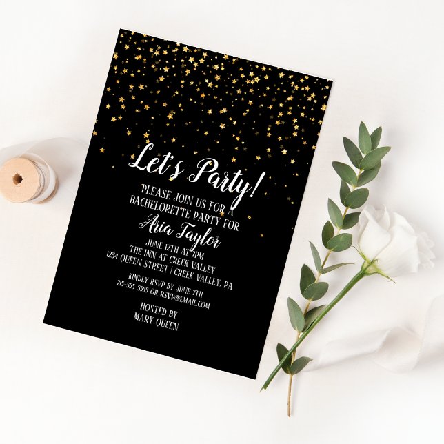 Invitation Faisons la fête Gold Confetti sur Black Bacheloret (Créateur téléchargé)