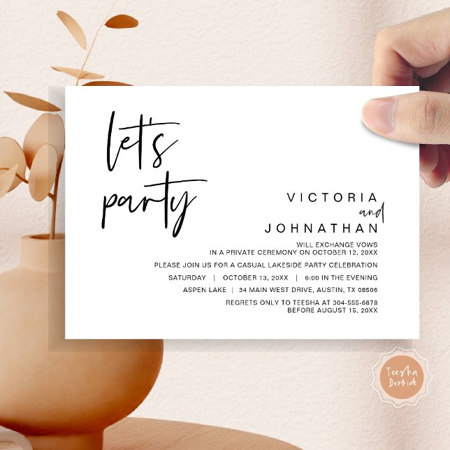 Invitation Faisons la fête, mariage célébré en petit comité (Let's Party, Wedding Elopement Dinner Invitation Card, Modern Minimalist Script, in Black and White)