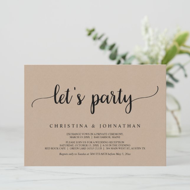 Invitation Faisons la fête, Mariage Intime Kraft Brun Rustiqu (Debout devant)