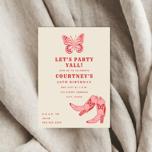 Invitation Faisons la fête papillon rose Bottes de la petite  (Créateur téléchargé)