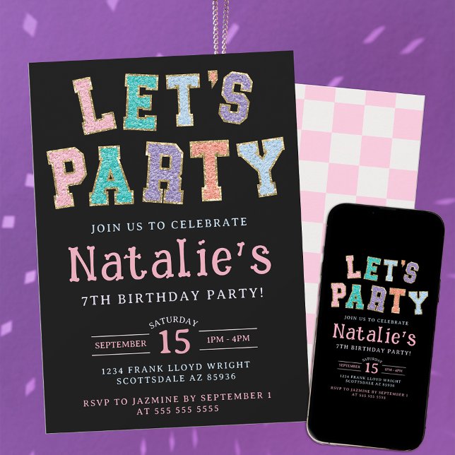 Invitation Faisons la fête Preppy Faux Chenille fête d'annive (Créateur téléchargé)