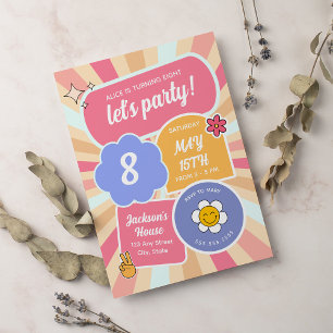 Invitation Faisons la fête Retro Super rose fille Anniversair