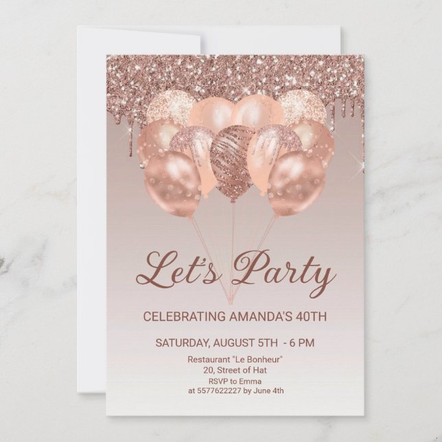 Invitation Faisons la fête Rose Ballons d'or Anniversaire (Devant)