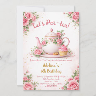 Invitation Faisons la fête Théière Rose Fleurie Fille Anniver