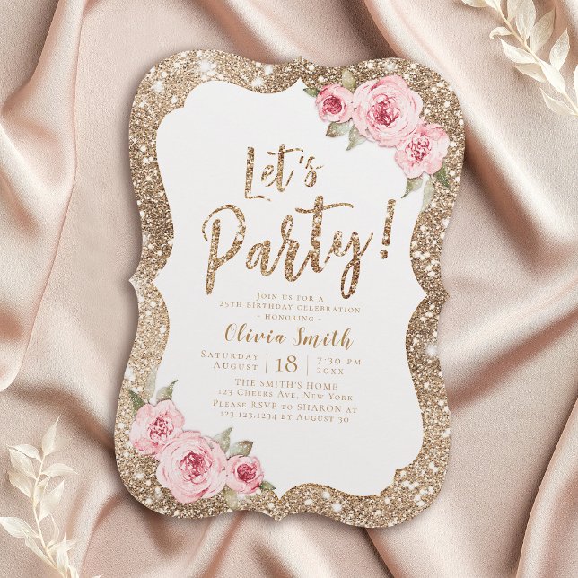 Invitation Faisons la parties scintillant dorée scintillante  (Let's party sparkle gold glitter and pink floral invitation)
