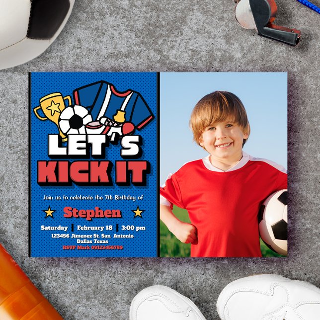 Invitation Faisons-le - Football Soccer avec photo (Let's Kick It - Football Soccer with Photo Picture Landscape Invitation)