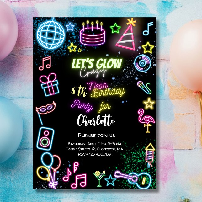 Invitation Faisons un anniversaire de néon fou (Créateur téléchargé)