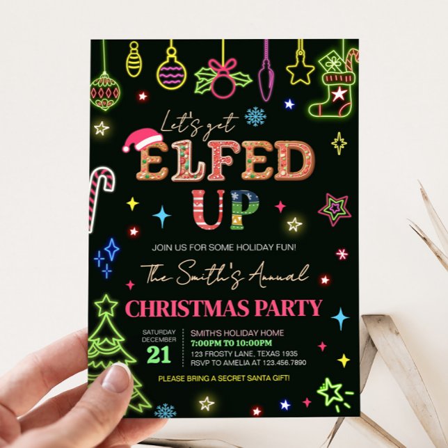 Invitation Faisons une fête de Noël (Let's Get Elfed Up Neon Christmas Party Invitation)