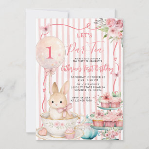 Invitation Faisons une fête de thé Lapin rayé rose Anniversai