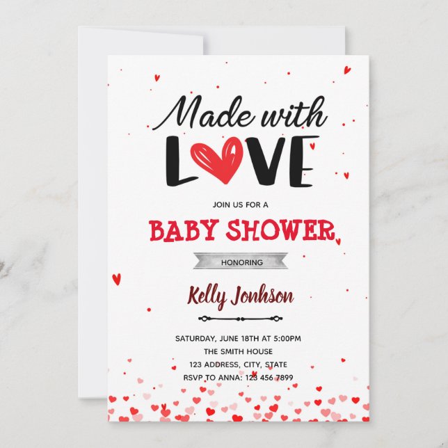 Invitation Fait avec amour cœur shower de bébé (Devant)