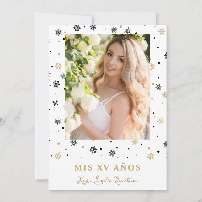 Invitation Fake Golden Snowflake Photo Quinceañera espagnol (Devant)