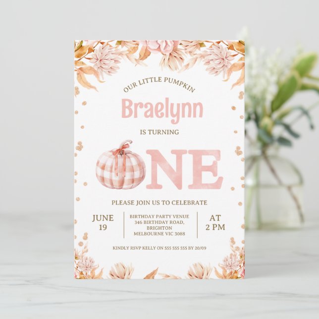 Invitation Fall Blush Floral Rustic Pumpkin 1st Birthday  (Debout devant)