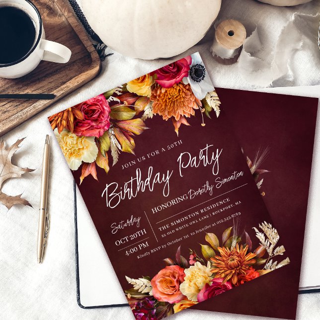 Invitation Fall Burgundy Flowers Chic Script 50e anniversaire (Créateur téléchargé)
