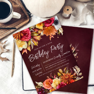 Invitation Fall Burgundy Flowers Chic Script 60e anniversaire