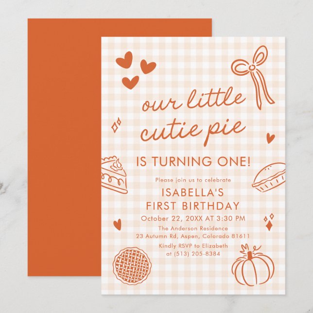Invitation Fall Cute Hand Drawn Our Little Cutie Pie Birthday (Devant / Derrière)
