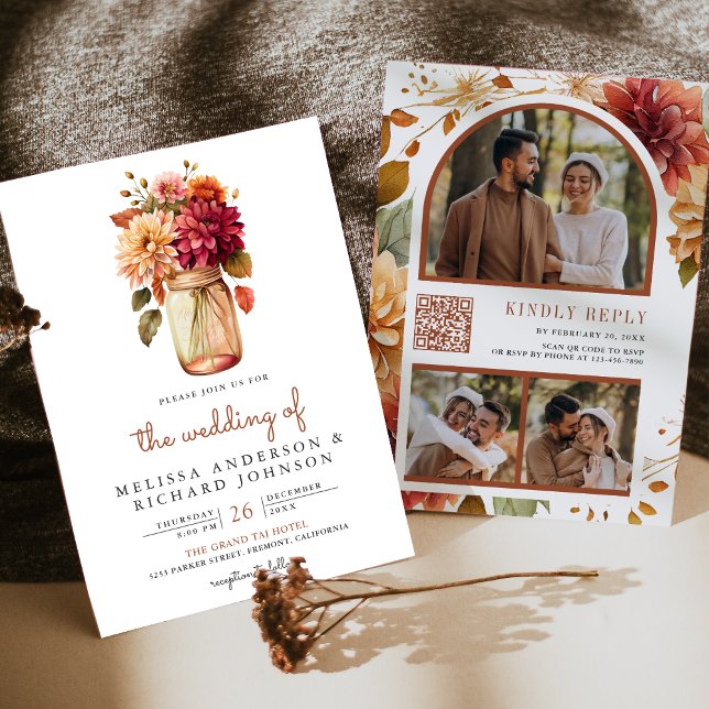 Invitation Fall Dahlia Floral Mason Jar QR Code Mariage (Créateur téléchargé)