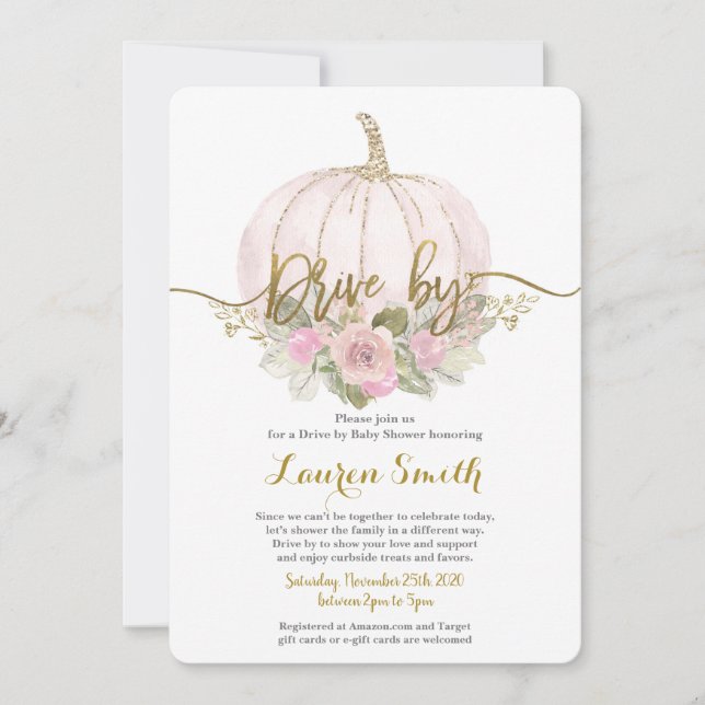 Invitation Fall Drive by Baby shower girl rose citrouille (Devant)
