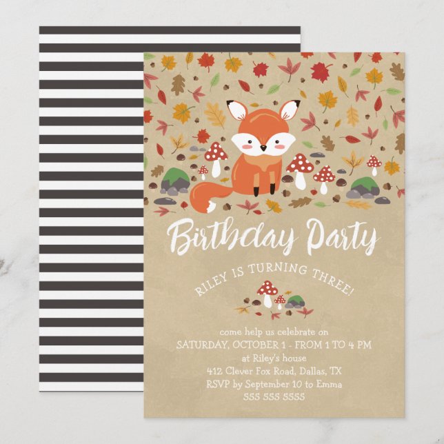 Invitation Fall Fox Enfants Sandy Woodland fête d'anniversair (Devant / Derrière)