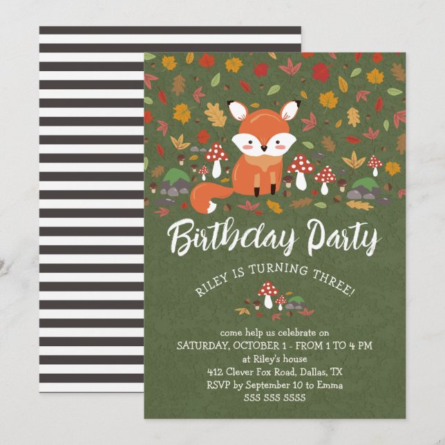 Invitation Fall Fox Enfants Woodland fête d'anniversaire (Devant / Derrière)