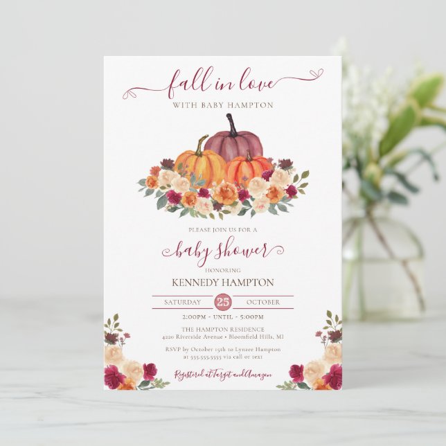Invitation Fall in Love - Automne Floral - Baby shower Citrou (Debout devant)