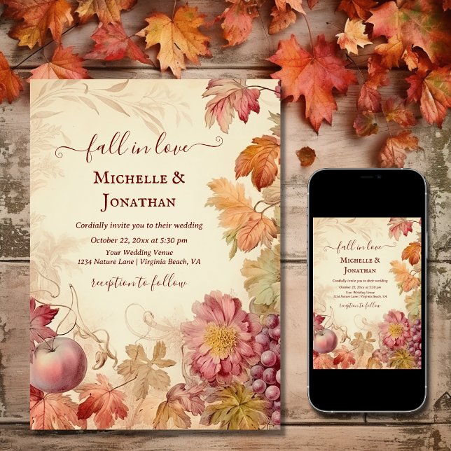 Invitation Fall in Love Beautiful Automne Mariage de automne  (Printed and Digital - Fall in Love Beautiful Autumn Vintage Fall Wedding Invitation)