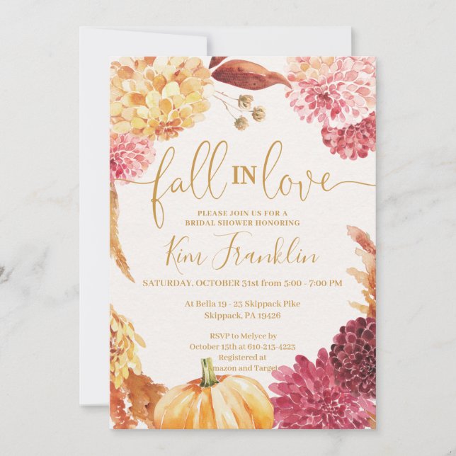 Invitation Fall in Love Floral and Gold Bridal Shower Invitat (Devant)