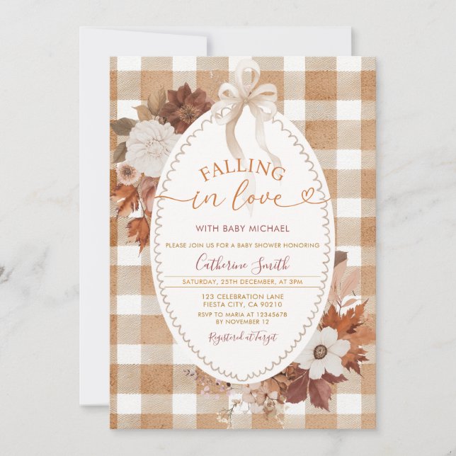 Invitation Fall in love Flowers Baby shower Gingham (Devant)