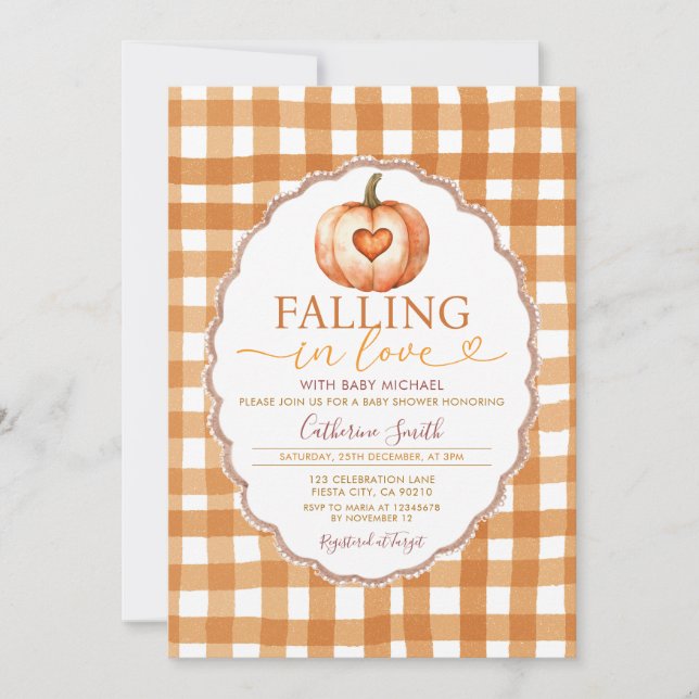 Invitation Fall in love Heart Pumpkin Baby shower Gingham (Devant)