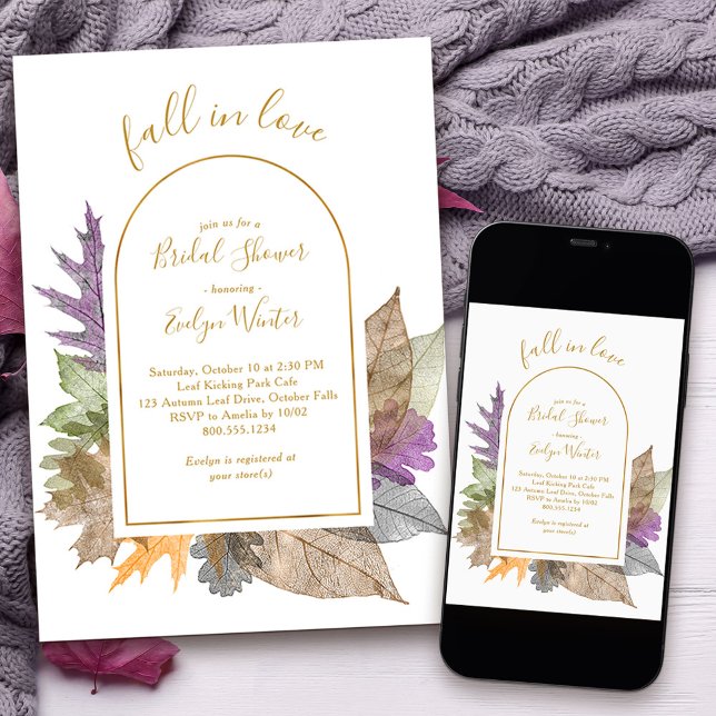 Invitation Fall in Love Octobre Feuilles Élégante Fête des ma (Fall in Love Bridal Shower invitation with delicate autumn leaves)