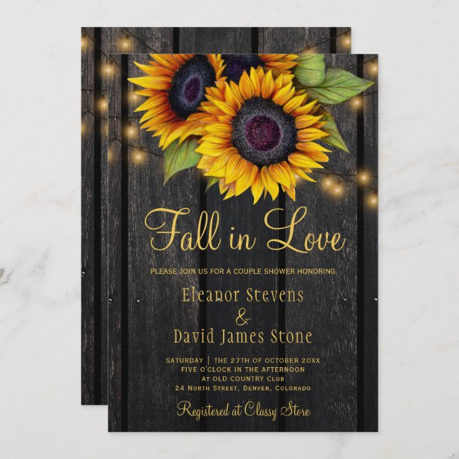 Invitation Fall in Love Rustic tournesol couples en bois douc (Devant / Derrière)