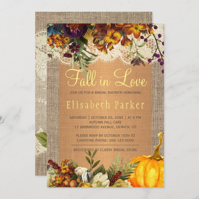 Invitation Fall in Love rustique floral burlap nuptiale douch (Devant / Derrière)